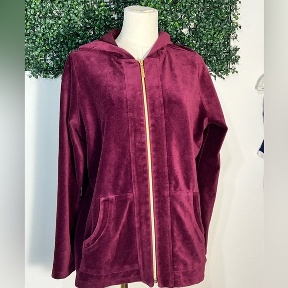 Susan Graver Sweaters - Susan Graver Velvet Burgundy Zip Up Hooded Sweater Jacket Cotton Size Large